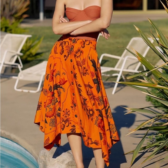Anthropologie Orange Floral Hankerchief Button Front Midi Skirt w/Pockets - Picture 5 of 10